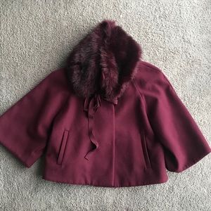 Tahari Burgundy Faux Fur Trim Cropped Cape
